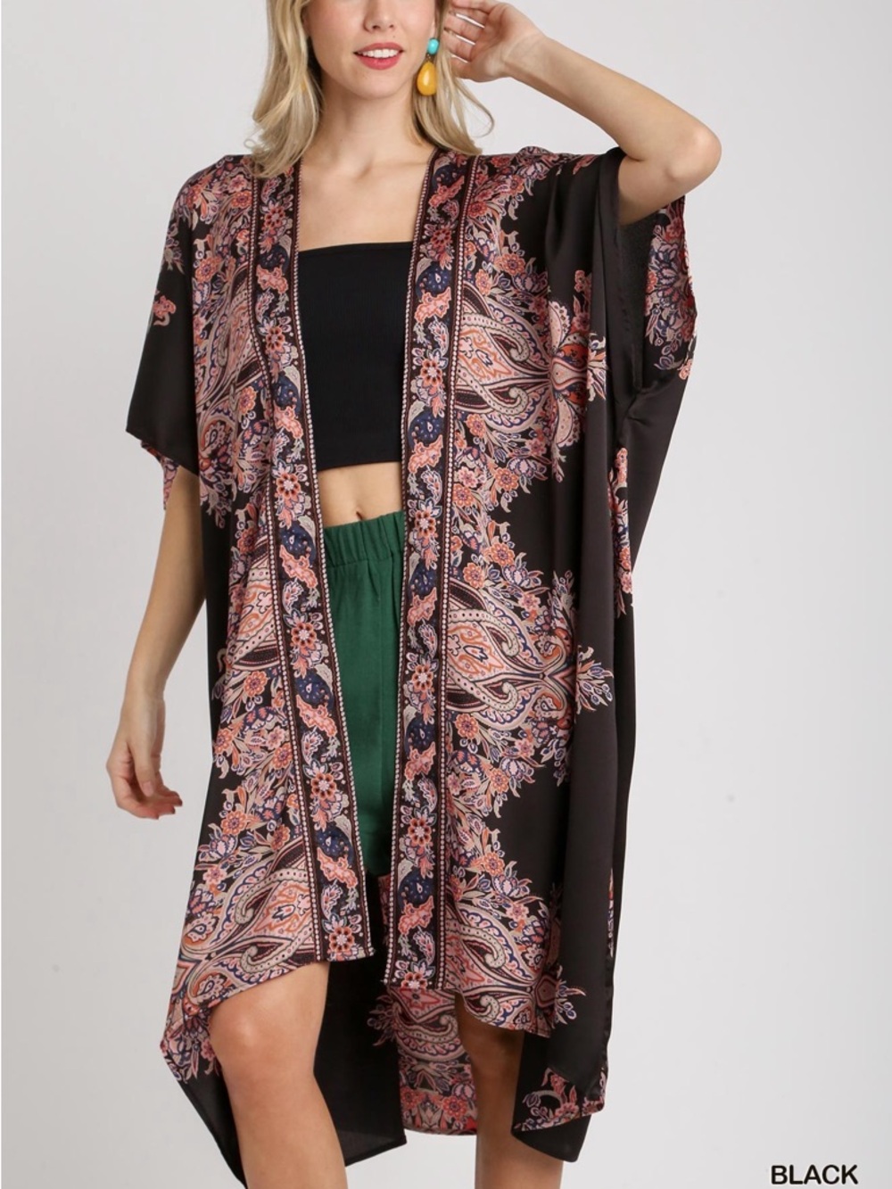 Umgee Satin Border Print Short Sleeve Open
Front Kimono